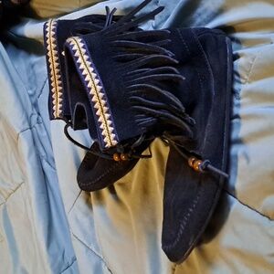 Target Black Fringe Moccasin Boots with Beaded Trim